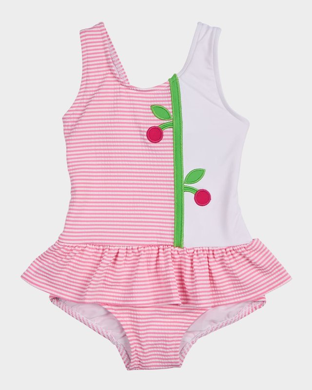 Girl's Cherry Skirted Seersucker One-Piece Swimsuit, Size 12M-24